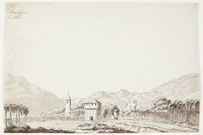Landskap från Domodossola i Schweiz med kyrka och vakttorn av J.L. Lund