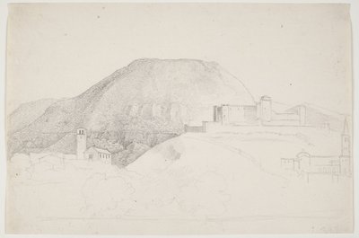 Landskapsstudie med berg och byggnader. Spoleto, Italien av J.L. Lund
