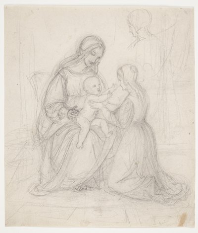 Sittande Madonna med barn och knästående kvinna av J.L. Lund