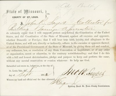 Loyalty oath of John R. Sayers of Missouri, County of St. Louis av J.R. Sayers