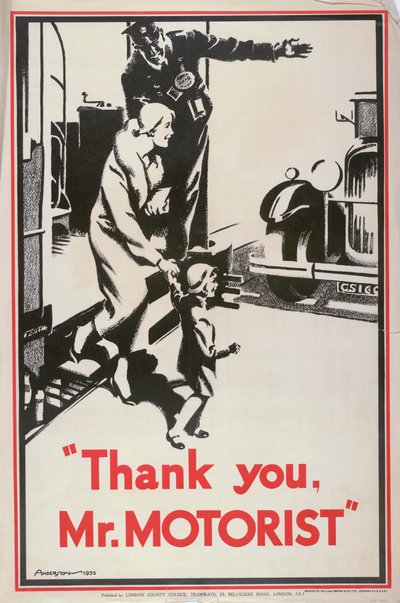 "Thank You Mr Motorist", London County Council LCC Tramways affisch, 1932 av JS Anderson