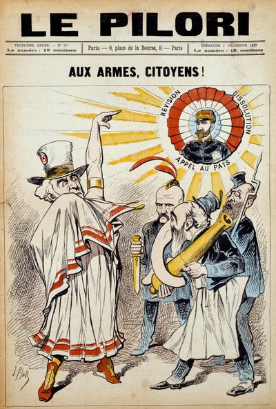 Eine der Zeitungen „die Pranger“: „zu den Waffen, Bürger!“ am 2. Dezember 1888 während einer Demonstration gegen General Boulanger. Illustration von J. Blass (Albert Douat) von J.  Blass
