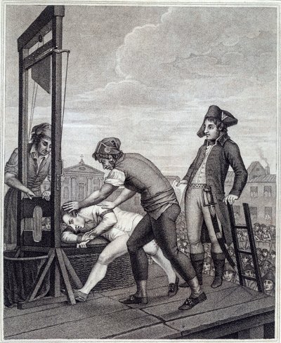 Avrättningen av Maximilian de Robespierre (1758-1794) har giljotinen den 28/07/1794 på Place de la Concorde Gravyr av James Idnarpila efter J. Beys. 1799 ungefär. Paris, Musée Carnavalet av J. (after) Beys