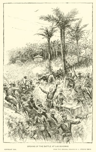 Öppnandet av slaget vid Las Guasimas (litho) av J. (after) Steeple Davis