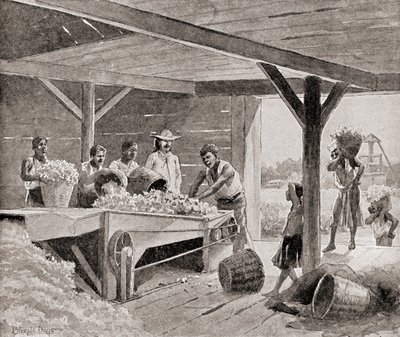 Slavar som arbetar med en bomullsgin från 1800-talet på en plantage i en sydlig delstat i USA, från 