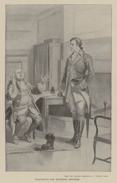 Washington och guvernör Dinwiddie (litho) av J. (after) Steeple Davis