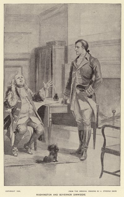 Washington och guvernör Dinwiddie (litho) av J. (after) Steeple Davis