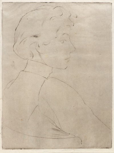 Stort huvud i profil av J. Alden Weir