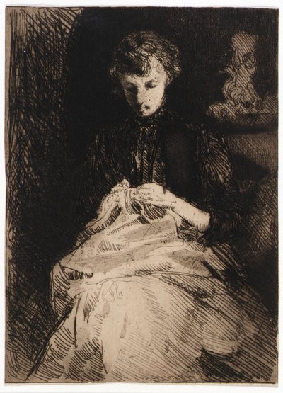 Sittande kvinna som syr av J. Alden Weir