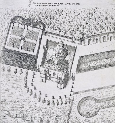Hermitage och Maison Blanc vid Chateau de Gaillon, från "Les Plus Belles Bastiments de France", publicerat på 1570-talet. av J. Androuet Ducerceau