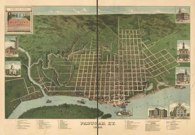 Fågelperspektiv över Paducah, Kentucky 1889. av J. Blanton; Krebs Lithographing Company Postlethwaite