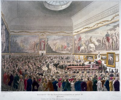Möte för Society of Arts i Adelphi Buildings, Westminster, London, 1809 av J Bluck