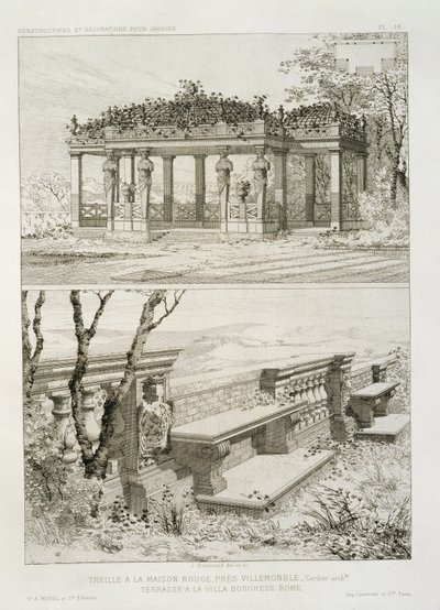 Pergola i La Maison Rouge nära Villemomble, designad av Cordier, och terrass på Villa Borghese, Rom, ca 1880 av J. Boussard