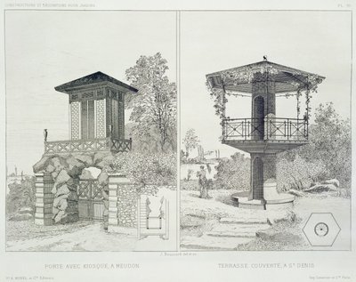 Portal med kiosk, Meudon och täckt terrass, St. Denis, från en mängd mönster av olika arkitekter, pub. Morel & Cie, Paris, ca 1880 (etsning) av J. Boussard