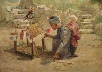 Japansk pojke som bygger en krigsman, 1895. av J. C. Arter.