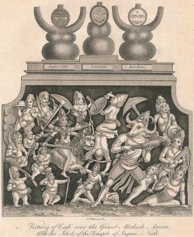 Calis seger över jätten Mahishasura, med idolerna från Jagannathtemplet, 1809. av J. Chapman
