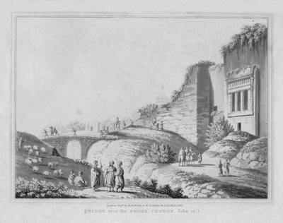 Bro över Brook Cedron. John, 18.1, 1830 av J. Clarke