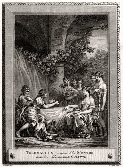 Telemachus tillsammans med mentor berättar om sina äventyr till Calypso, 1774 av J. Collyer