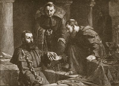 Gömmer skatt vid förtrycket av ett kloster, illustration från The Church of England: A History for the People av H.D.M. Spence-Jones, pub. c.1910 litho sepia foto av J. Cooke