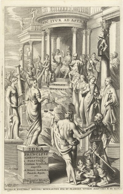 Herkules leder människan förbi personifieringar av dygder till tempel för evig berömmelse Titelsida för: Idea principis christiano-politica, Centum Symbolis expressa, Bryssel 1649 (titel på objekt) av J. Danoot