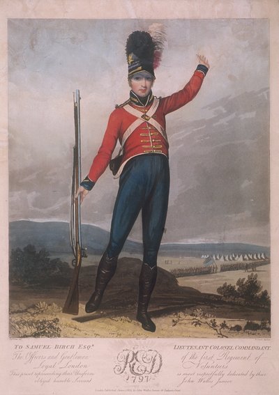 Militärfigur som bär uniformen från det första regementet av Loyal London Volunteers, 1797 av J Green