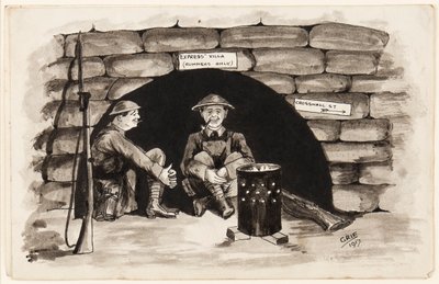 Express Villa (endast löpare): A Warm Corner i Frankrike, 1917 (penna, pensel och bläck på papper) av J. Griffiths