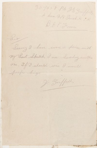Brev till tävlingsredaktören för Liverpool Weekly Courier, 1917 av J. Griffiths