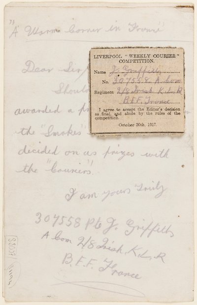 Brev till tävlingsredaktören för Liverpool Weekly Courier, 1917 av J. Griffiths