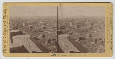 Stereograf av sikt nordväst från Water Tower efter branden i Chicago 1871 av J. H. Abbott