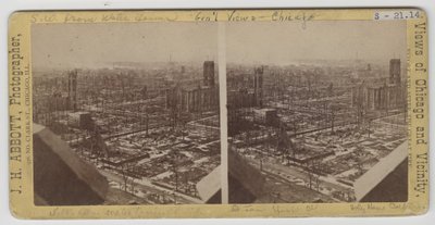 Stereograf av vy sydväst från Water Tower efter branden i Chicago 1871 av J. H. Abbott