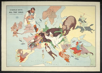 Tecknad karta över det europeiska krigsområdet med titeln "European Revue Kill that Eagle" av J. H. Amschewitz