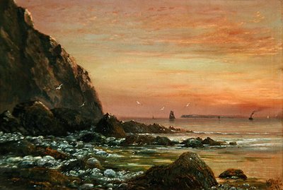 Havslandskap med klippa vid solnedgången av J. H. Blunt