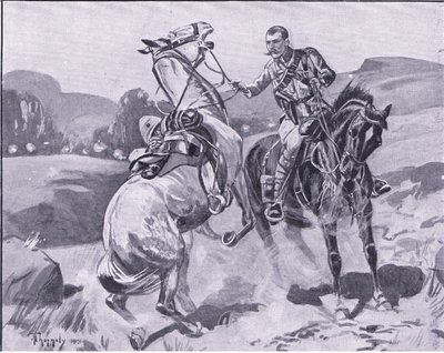 Major Brown, 14th Hussars, håller liet Browns häst under kraftig eld, illustration från After Pretoria: The Guerilla War, 1902 av J. H. Thorneley