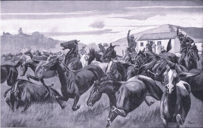 Boers som plundrar Remount Depot i Braamfontein, från After Pretoria: The Guerilla War publicerad av Harmsworth Bros Limited, 1901 av J. H. Thornely