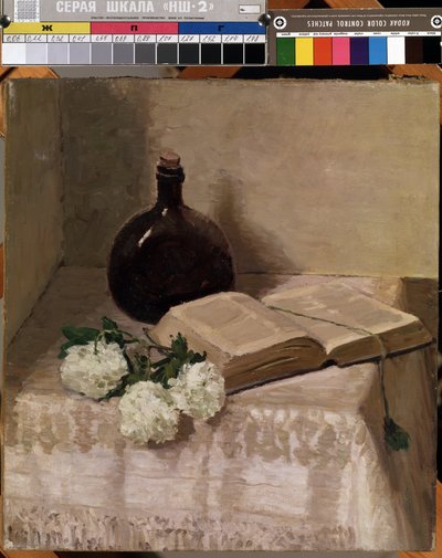 "Stilleben med en flaska, öppen bok och vita blommor" (Stilleben med en bok) Målning av Johannes Hansch (1875-1946) Mått 45 x 41,5 cm Mikalojus Konstantinas Ciurlionis Museum of Fine Arts, Kaunas, Litauen av J. Hansch