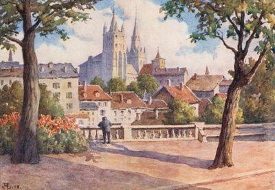 Katedralen i Lausanne från Montbenon (färglitografi) av J. Hardwicke Lewis