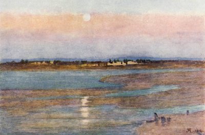 Moonrise at Sunset, från La Croix Blanche, Mont St Michel (färg litho) av J. Hardwicke Lewis