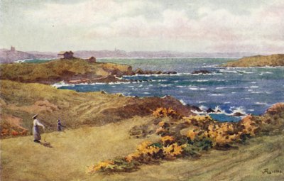 Golflänkarna mellan St Lunaire och St Briac, St Cast in the Distance (färg litho) av J. Hardwicke Lewis