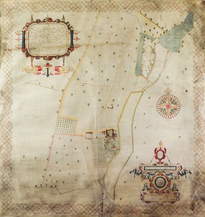 Karta över herrgården i Shifnal, Shropshire, 1635 (bläck och färg på veläng) av J. Harrison