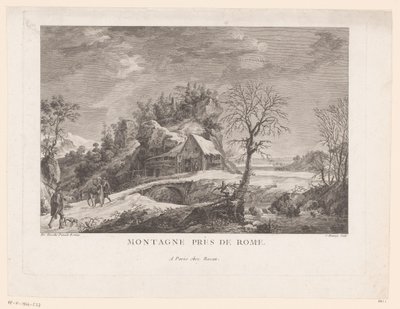 Vy över ett hus nära en bro med figurer Montagne près de Rome (titel på objekt) av J. Hémery