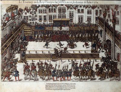 Henri II:s turnering och död (30 juni 1559): vid sin dotters bröllop (för närvarande place des vosges) kämpade han mot Gabriel de Montgomery, kapten för hans skotska garde, som skadar honom med ett spjut i ögat. Gravyr från 1500-talet av Pe av J. J. and Tortorel J. (fl.1568 92) Perrissin