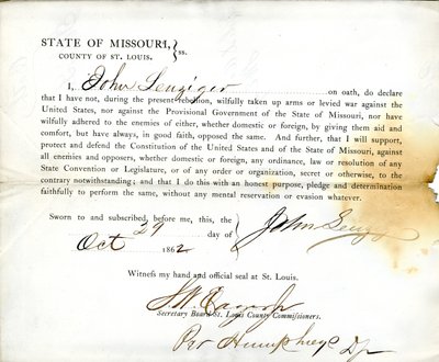 Loyalty oath of John Leuziger of Missouri, County of St.Louis av J. Leuziger