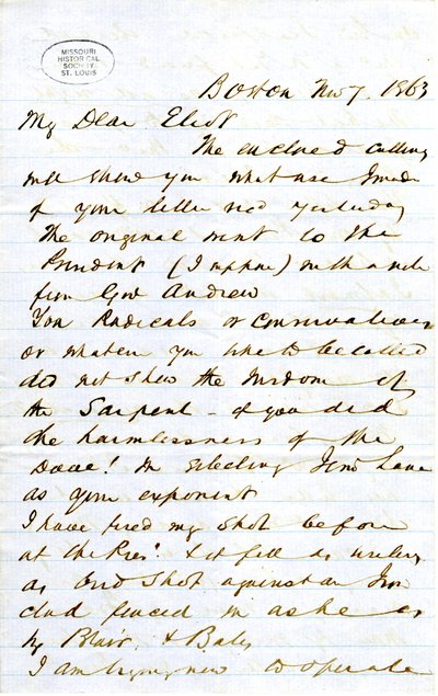 Letter signed J.M.F. [J.M. Forbes], Boston, to Eliot [William G. Eliot], November 7, 1863 av J. M. Forbes