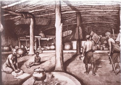 Inuti en Kaffirkraal, från MacMillan skolaffischer, ca 1950-60-tal (litho) av J. Macfarlane