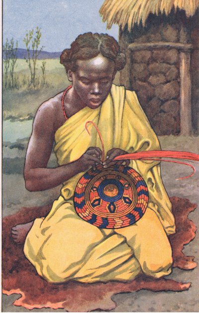 Raffia-arbetaren, från MacMillan-skolans affischer, ca 1950-60-tal (lito i färg) av J. Macfarlane