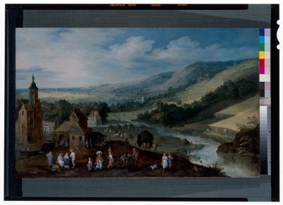 Ett vidsträckt flodlandskap med bönder som samlar skörden av J. & Momper J. de (1564 1635) Brueghel