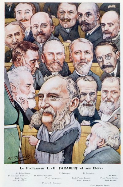 Professor Luis Hubert Farabeuf (1841-1910) och hans studenter, från Chanteclair, ca 1910 av J P. Frantz