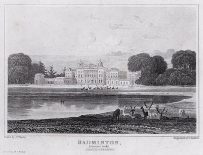 Badminton, allmän utsikt, Gloucestershire (gravyr) av John Preston Neale