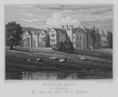 Rushton Hall, South West View, Northamptonshire, sätet för den ärade fru C Medlycott (gravyr) av John Preston Neale
