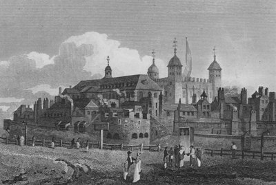 The Tower of London, från kullen (gravyr) av John Preston Neale